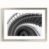 Textured art print of an abstract staircase design in grayscale, framed in silver, ideal for bedroom art.
