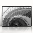 Large abstract wall art featuring a spiral staircase design in black and white tones, framed acrylic.
