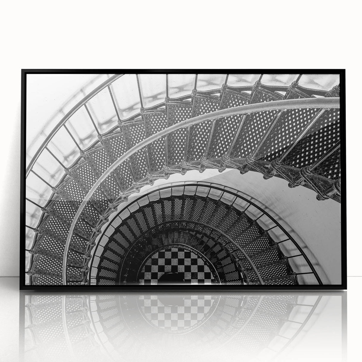 Large abstract wall art featuring a spiral staircase design in black and white tones, framed acrylic.