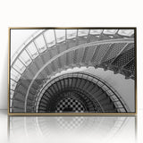 Mid-century modernist staircase design in gold and black tones on framed acrylic, ideal for modern art wall decor.