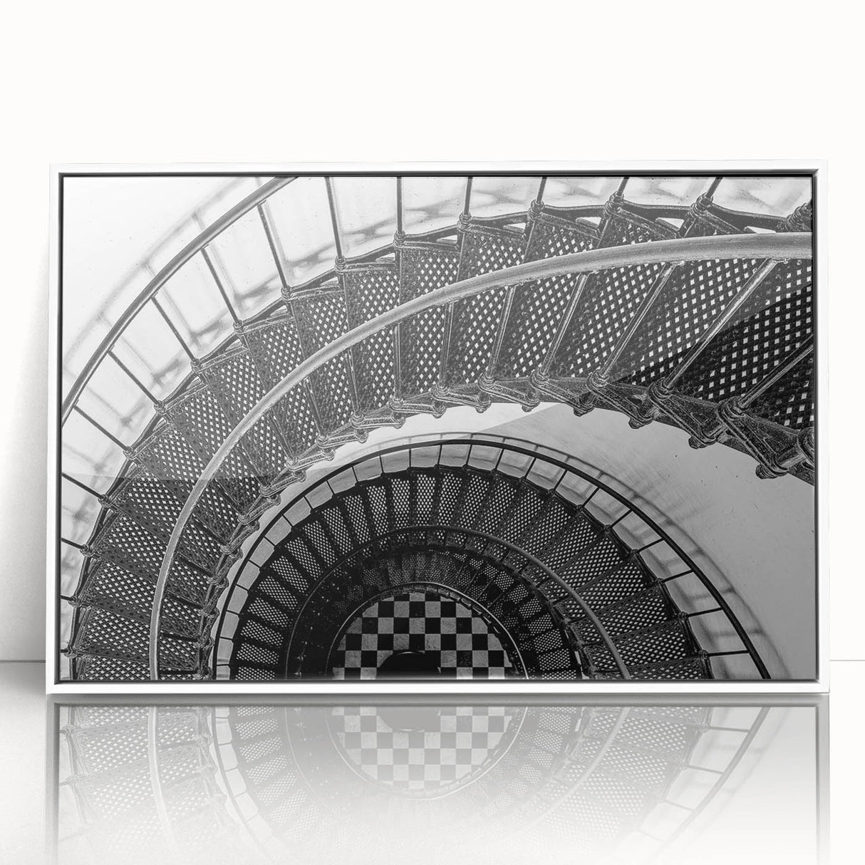 Art Deco poster featuring a spiral staircase design in black and white, framed in acrylic.