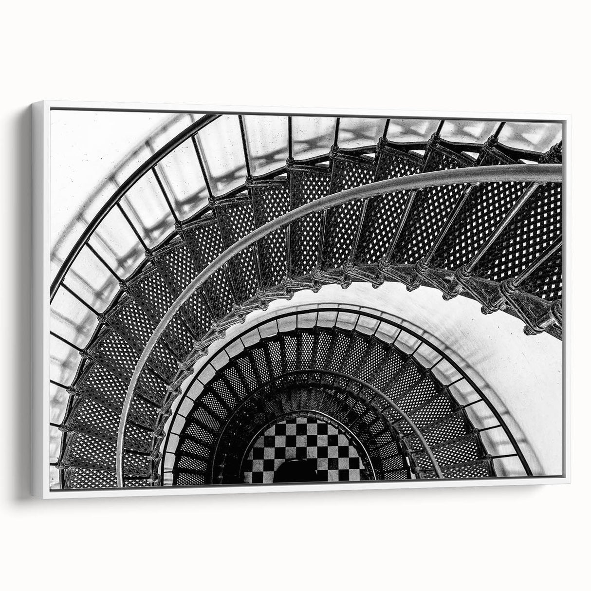 Vintage poster art of a spiral staircase in black and white on a framed canvas, ideal for living room decor.