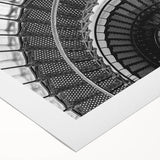 Art Deco poster featuring a spiral staircase in monochrome, printed on rolled canvas, suitable for dining room walls.