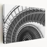 Spiral staircase design in monochrome on large stretched canvas, suitable for kitchen wall art.