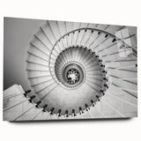 Large abstract wall art featuring a spiral staircase design in monochrome, printed on acrylic glass.