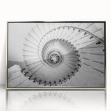 Mid-century modernist art featuring a spiral staircase in muted gray tones, acrylic print, ideal for modern art wall decor.