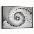 Black and white wall art featuring a spiral staircase design on a framed canvas, suitable for bedroom decor.