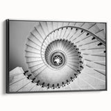Black and white wall art featuring a spiral staircase design on a framed canvas, suitable for bedroom decor.