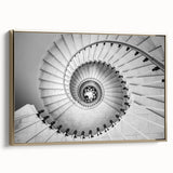 Framed canvas of a vintage-style staircase in monochrome black, ideal for bedroom wall decor.