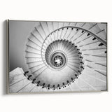 Framed canvas featuring a black and white vintage staircase design, ideal for modern office decor.