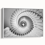 Framed canvas featuring a vintage poster art of a spiral staircase in black and white, ideal for living room decor.