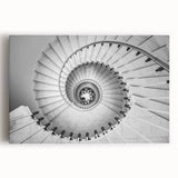 Black and white photograph of a spiral staircase on stretched canvas, suitable for kitchen wall art.