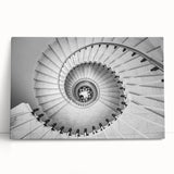 Black and white photograph of a spiral staircase on stretched canvas, suitable for kitchen or bedroom wall art.