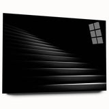 Side view of a large abstract wall art depicting a spiral staircase in monochrome shades, printed on acrylic glass.