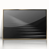 Mid-century modernist large art print of a spiral staircase in muted gold and black tones on framed acrylic.