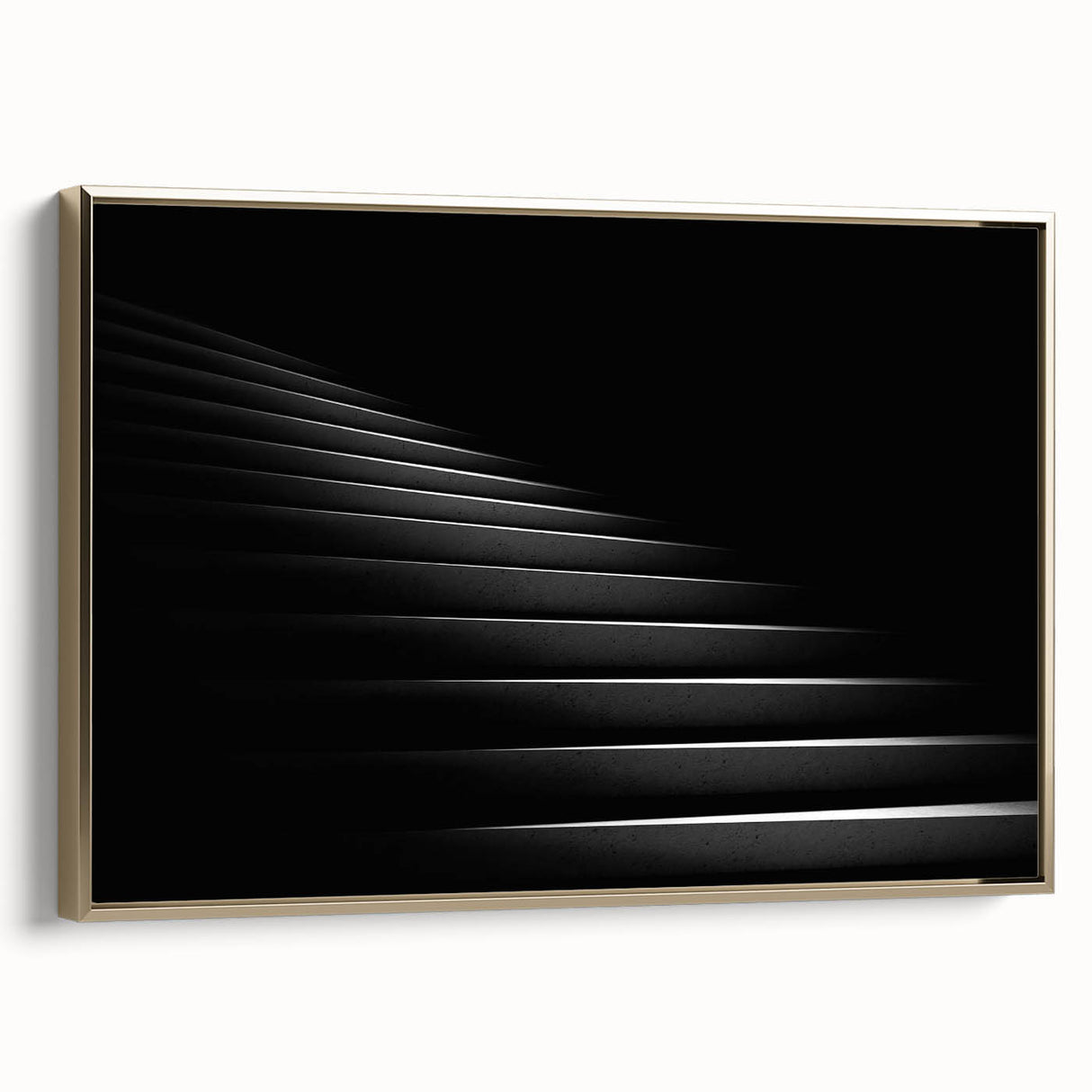Framed canvas featuring a black and gold vintage poster of an architectural staircase, ideal for bedroom wall decor.