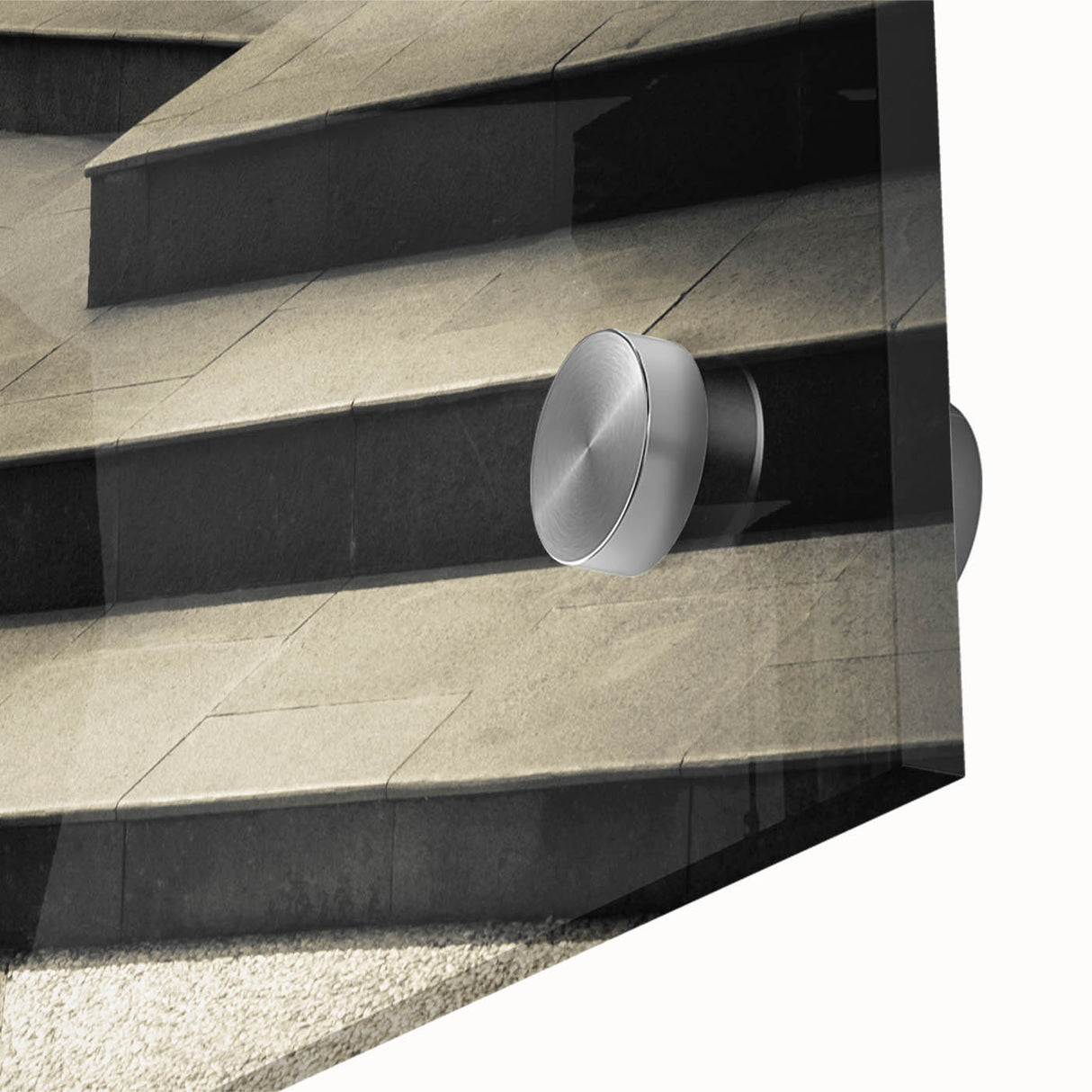 Mid-century modernist large abstract art print on acrylic glass, featuring swirling staircase design in monochrome.