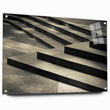 Acrylic print of a large abstract staircase design in monochrome, ideal for modern dining room decor.