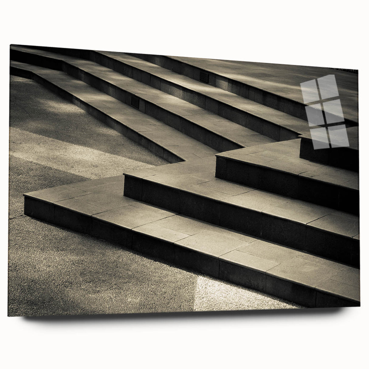 Abstract spiral staircase in monochrome, acrylic glass print, ideal for modern bedroom or dining room decor.