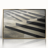 Mid-century modernist spiral staircase in gold and black hues, acrylic print, suitable for modern art wall decor.