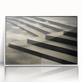 Art Deco poster of a spiral staircase in black and white, framed acrylic, suitable for modern nursery decor.