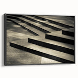 Black and white framed canvas of a spiral staircase in a vintage poster art style, suitable for bedroom wall decor.