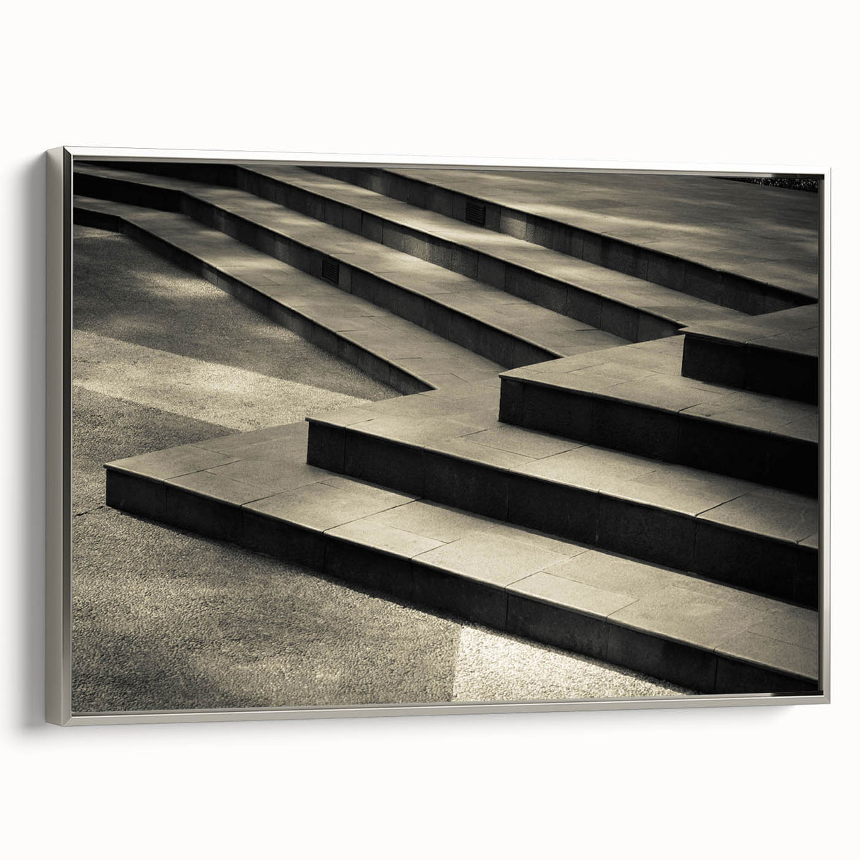 Framed canvas featuring a vintage-style black staircase in a colorful architectural setting, ideal for office decor.
