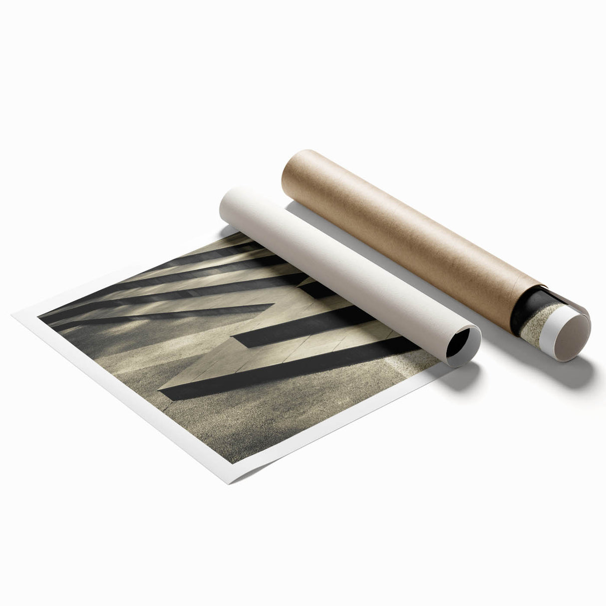 Spiral staircase in monochrome, large rolled print, suitable as classy bathroom wall art.