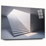 Side view of a large abstract acrylic print featuring a spiral staircase in gray tones.