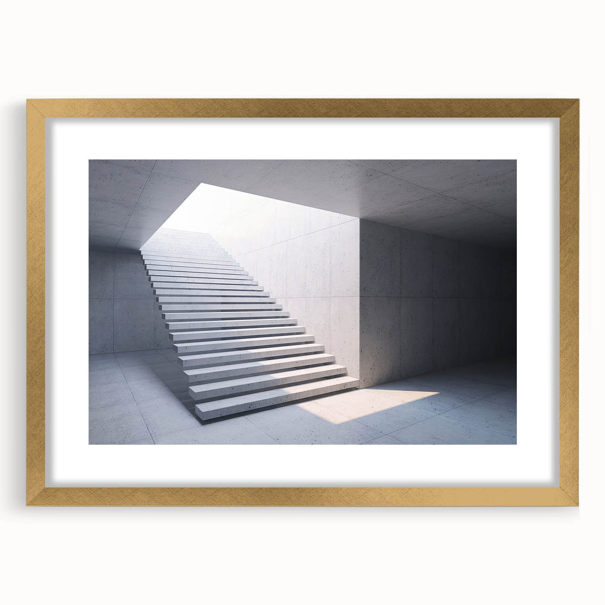 Extra large abstract art print featuring a textured staircase design in gold and black tones, framed with a mat.