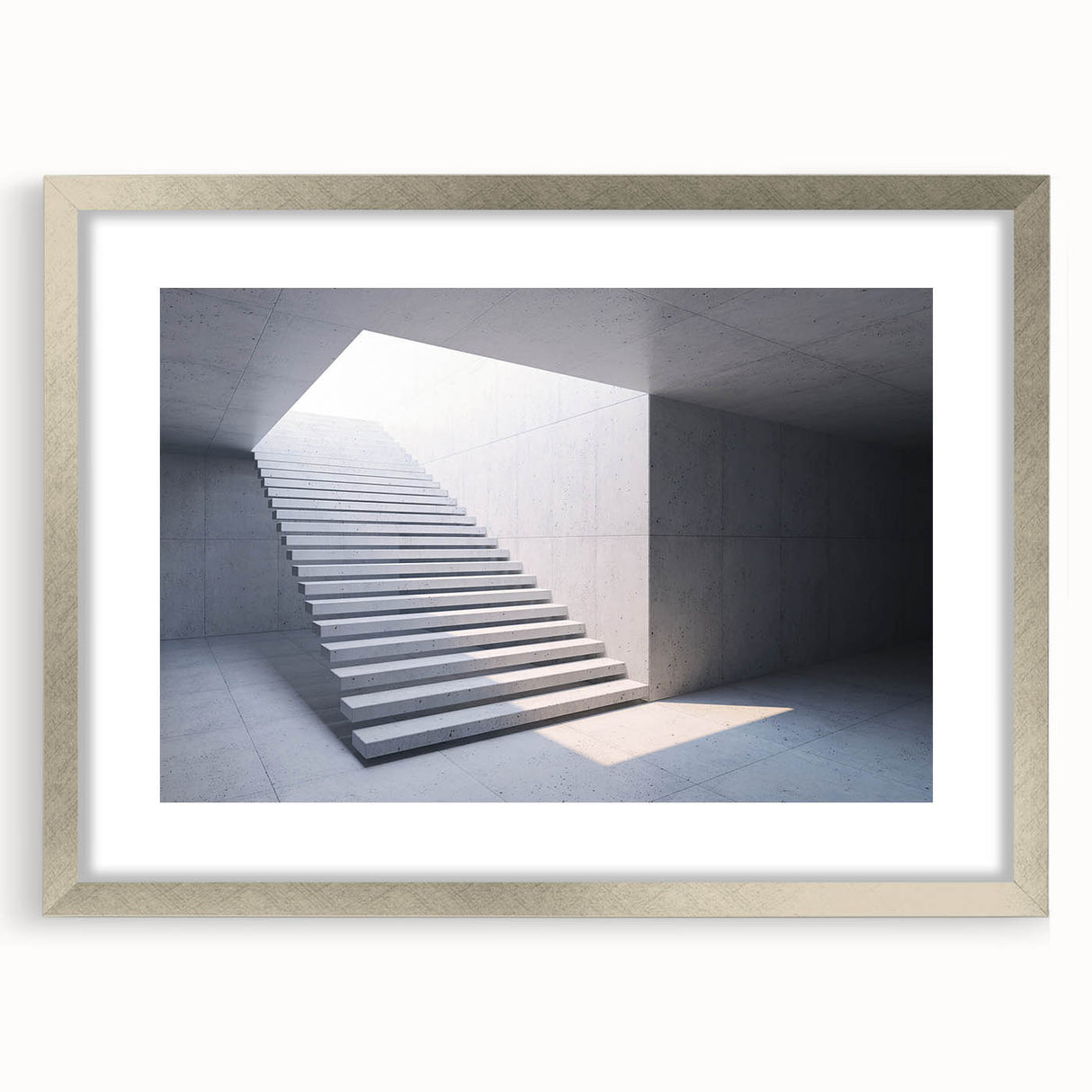 Textured art print of an abstract staircase in muted gray, framed in silver, ideal for modern bedroom ambiance.