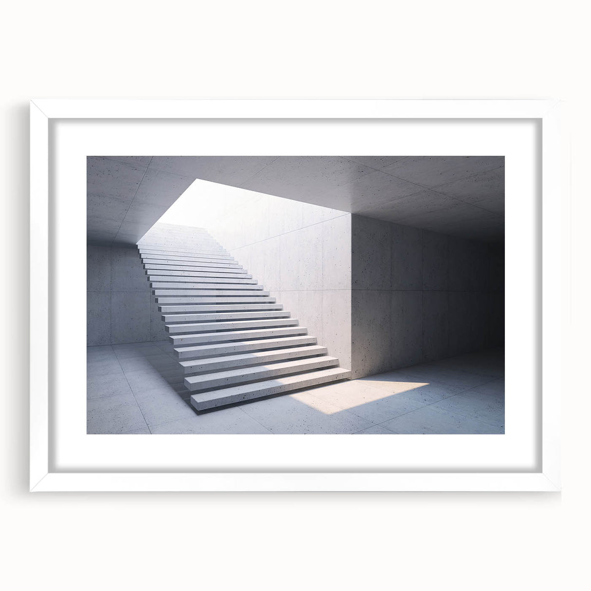 Abstract art print of a spiraling staircase in monochrome, framed with a white mat.