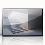 Large abstract wall art featuring a spiral staircase design in black and white, framed in acrylic.