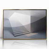 Mid-century modernist staircase design in gold and black, acrylic print framed, suitable for modern art wall decor.