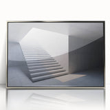 Mid-century modernist art depicting a spiral staircase in muted gray tones, framed acrylic, ideal for modern art wall decor.