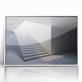 Art deco poster featuring a spiral staircase in black and white, framed in white acrylic, ideal for modern art wall decor.