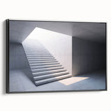 Black and white wall art featuring a vintage poster-style staircase design on framed canvas, suited for bedroom decor.