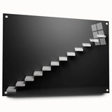 Acrylic print of a large abstract staircase design in monochrome, suitable for bedroom or dining room decor.