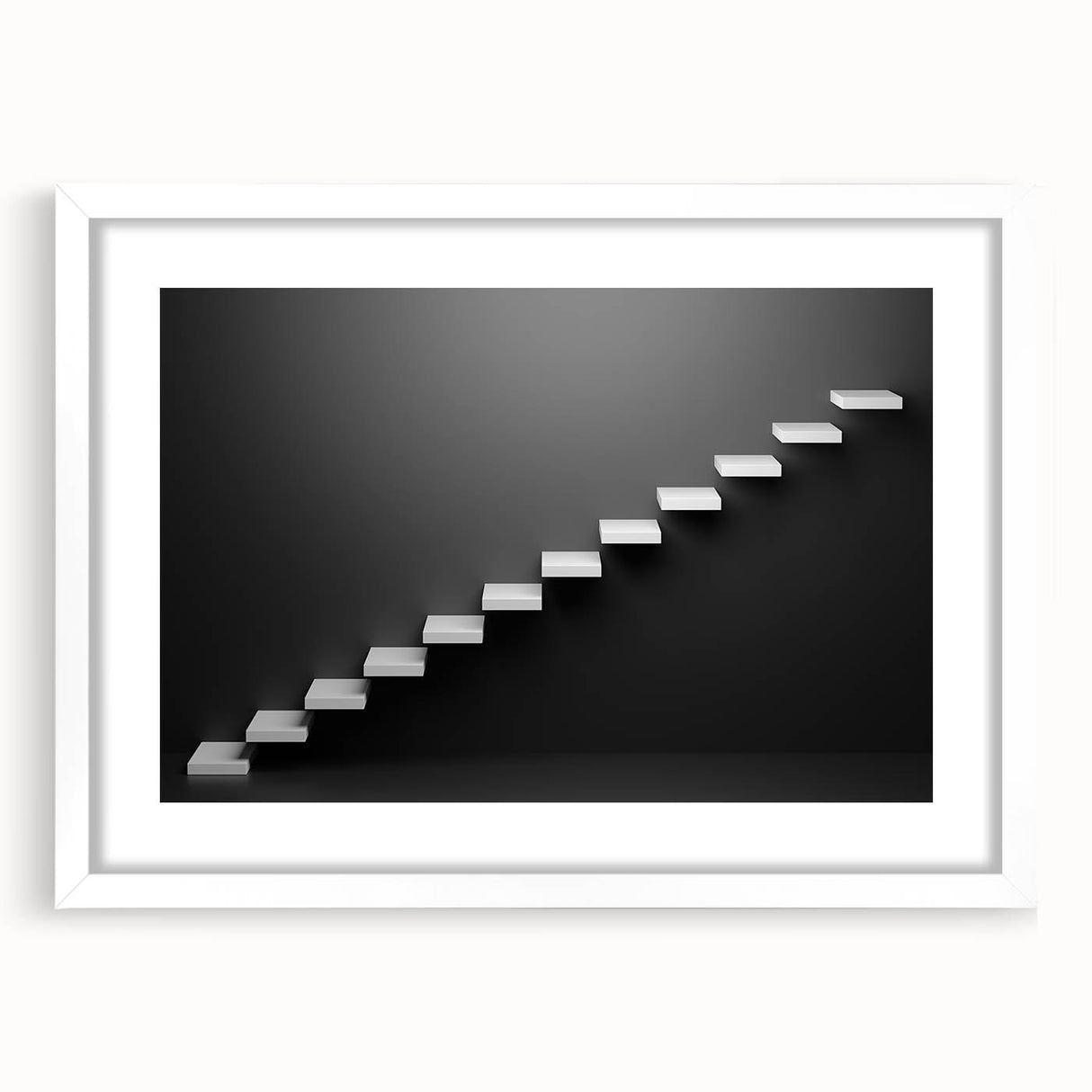 Abstract art print of a spiral staircase in black and white, framed in white, suitable for bedroom or dining room decor.