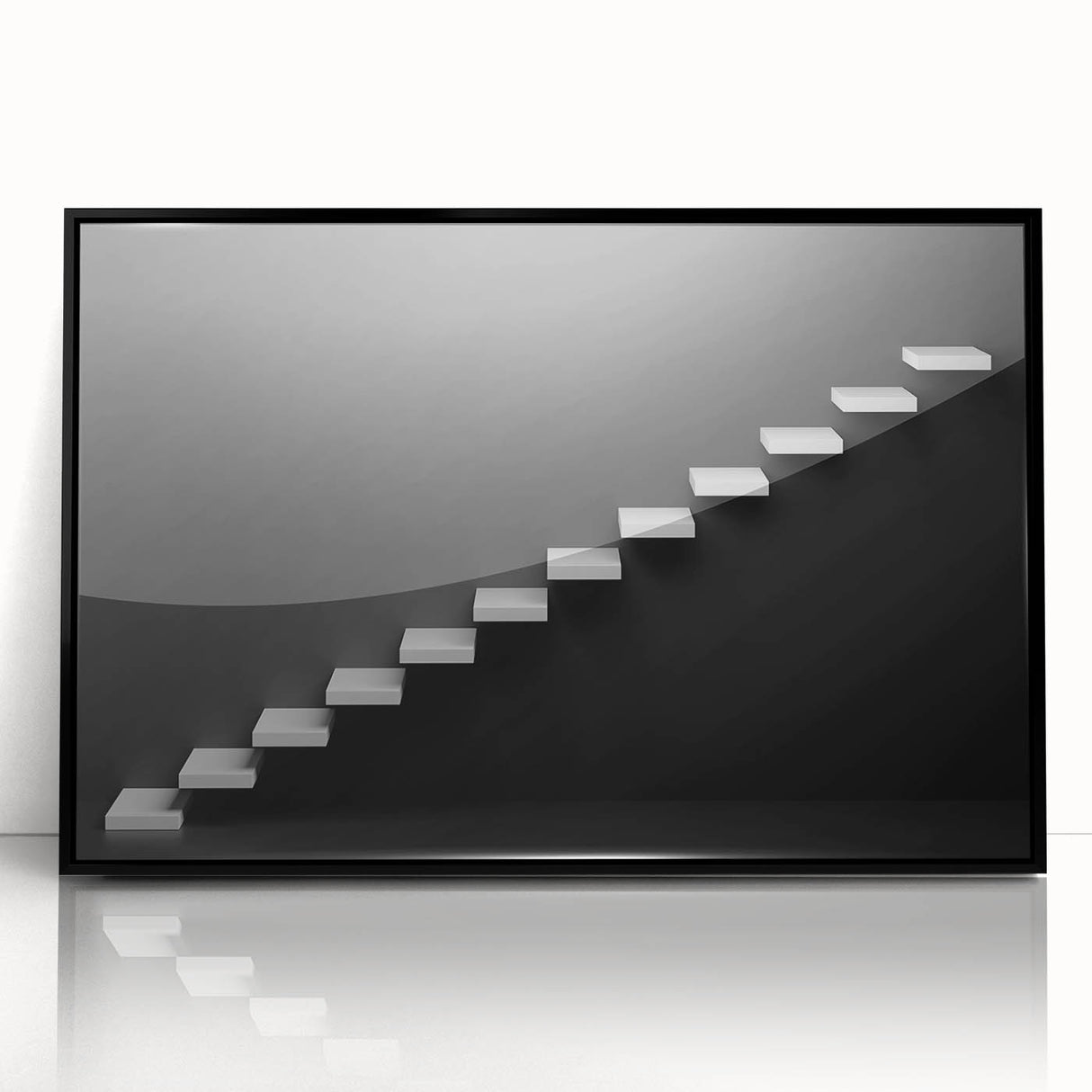 Large abstract wall art featuring a spiral staircase design in black and white, framed in acrylic.