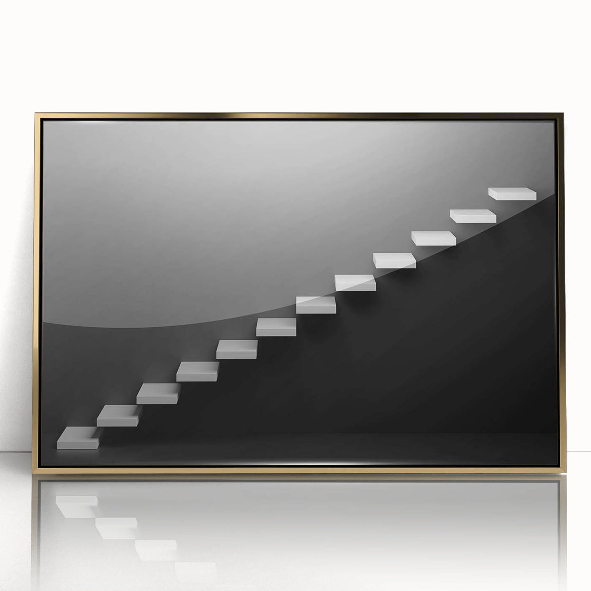 Mid-century modernist staircase design in gold tones on a framed acrylic, suitable for modern art wall decor.