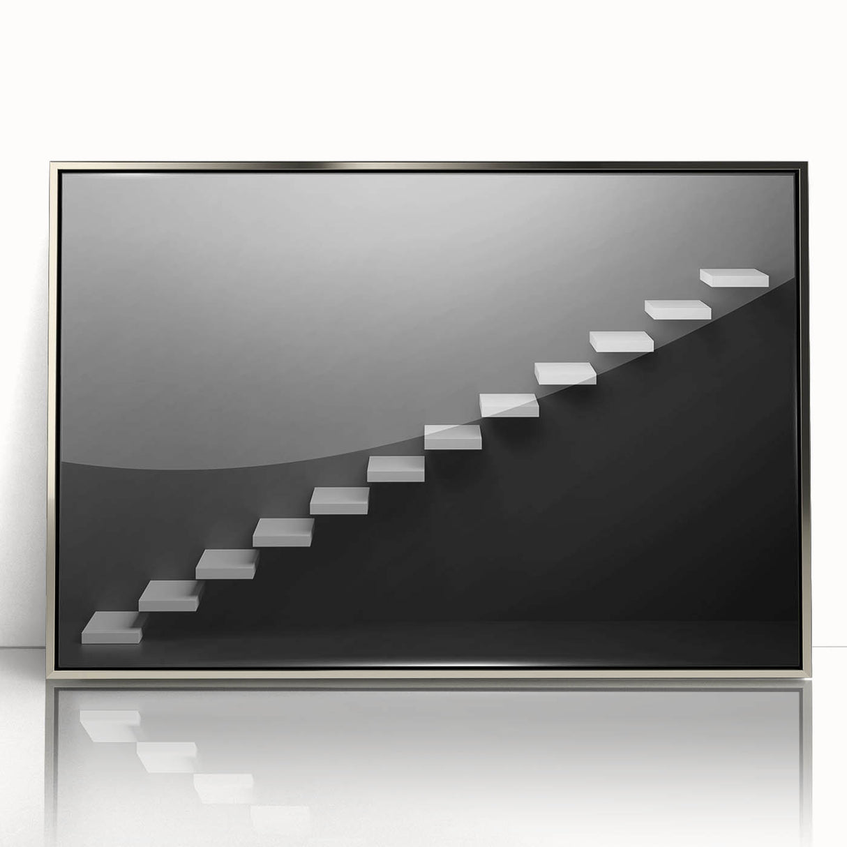 Mid-century modernist acrylic print of a spiral staircase in silver and gray tones, suited for modern art wall decor.
