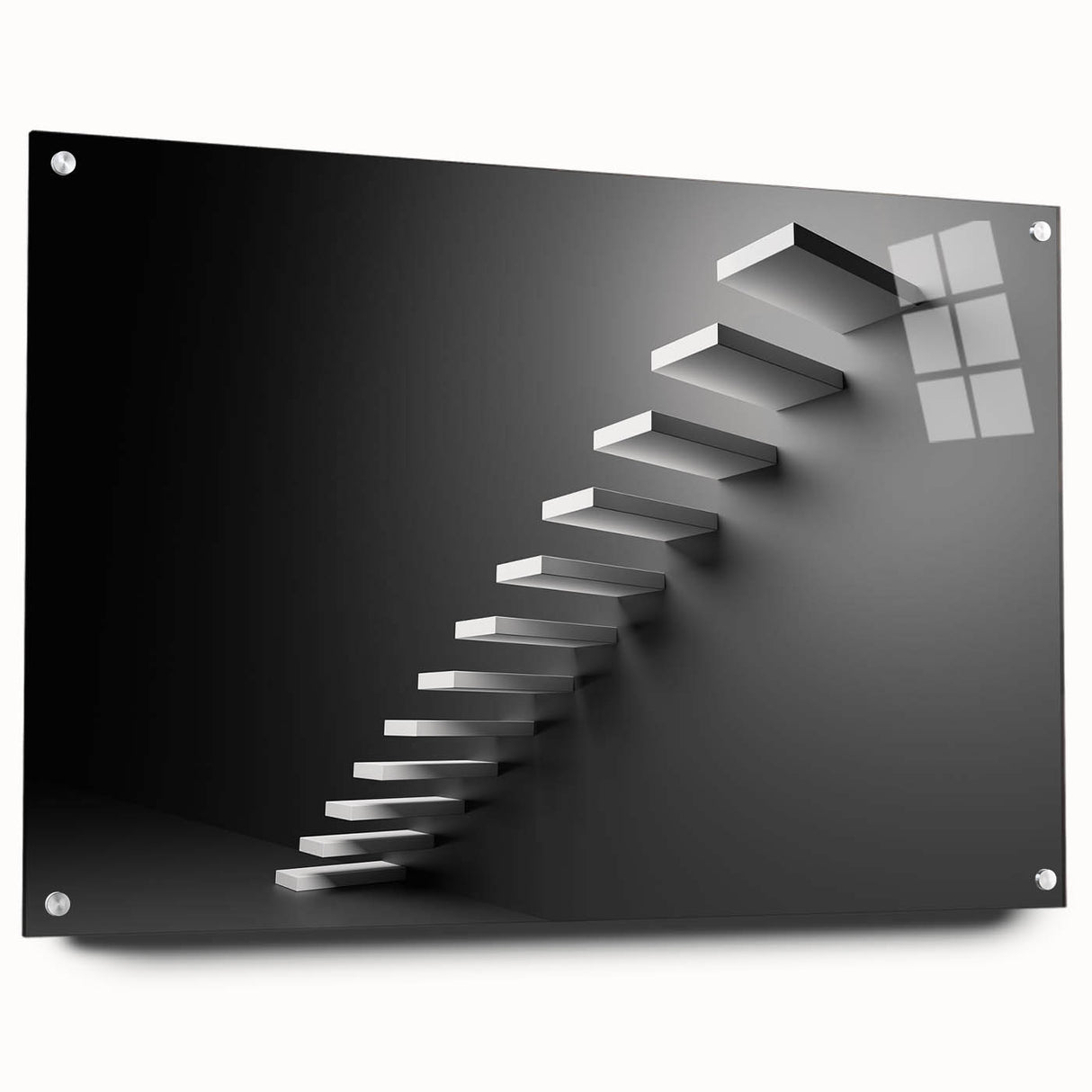 Acrylic print of a large abstract staircase design in monochrome shades, suitable for bedroom or dining room decor.