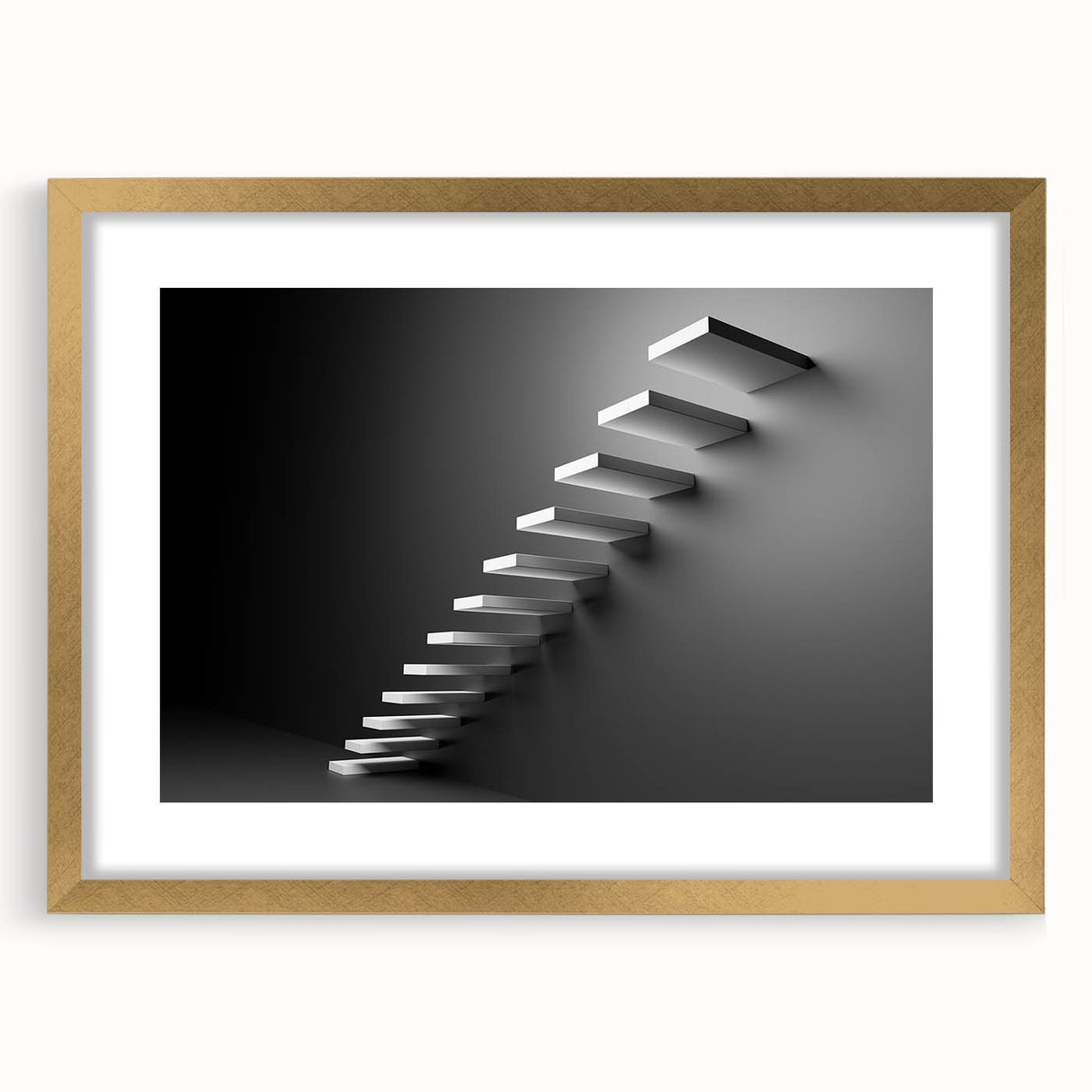 Extra large abstract art print featuring a textured staircase design in gold and beige tones, framed with a mat.