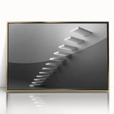Mid-century modernist spiral staircase in gold and black tones on a framed acrylic, suitable for modern art wall decor.