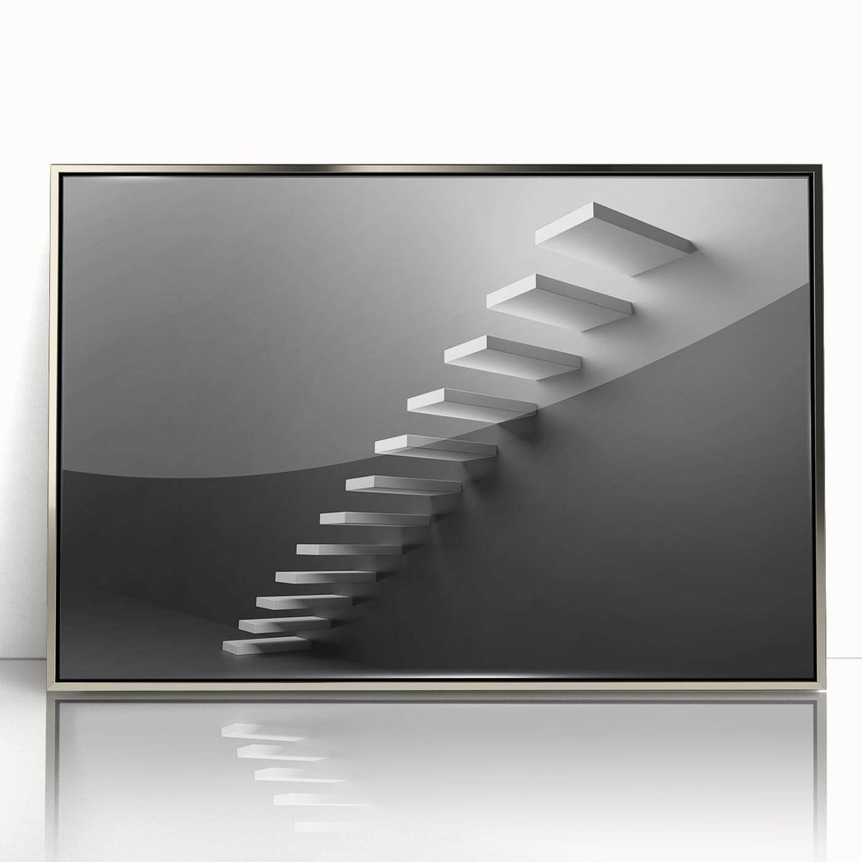 Mid-century modernist art featuring a spiral staircase in muted gray tones on a framed acrylic print.