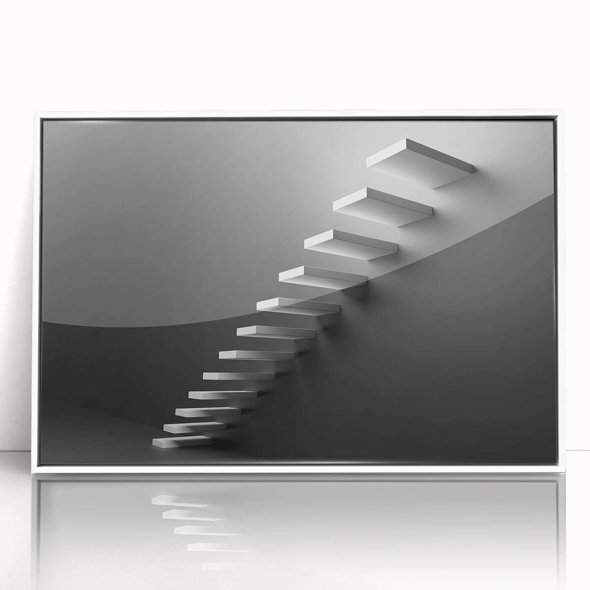 Art Deco poster featuring a spiral staircase design in black and white, acrylic framed.