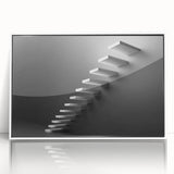 Art Deco poster featuring a spiral staircase design in black and white, acrylic framed.