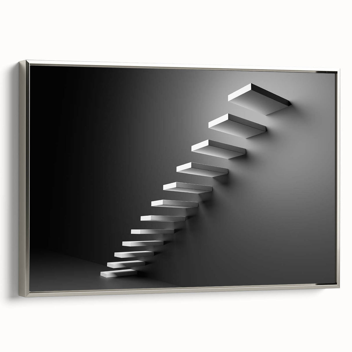 Framed canvas featuring a vintage poster art style depiction of a spiral staircase in muted black and gray tones.