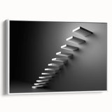 Vintage poster art of a spiral staircase in black and white, framed canvas, suitable for living room decor.